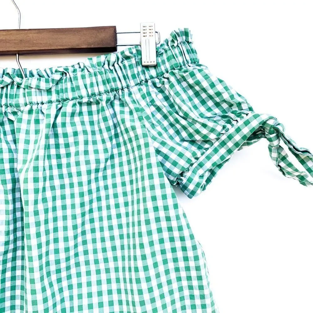 J. Crew White Green Gingham Off the Shoulder Top